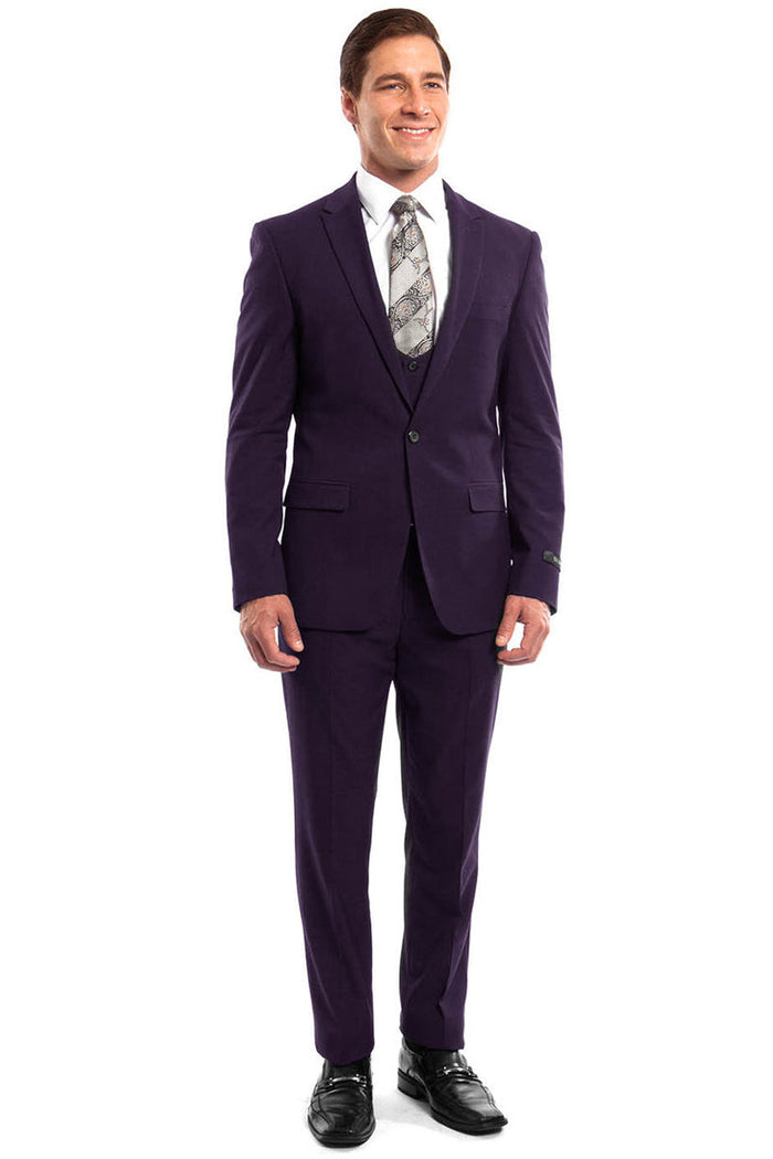 "Eggplant Men's Wedding & Prom 2026 Suit - One Button, Peak Lapel, Skinny Fit with Lowcut Vest"