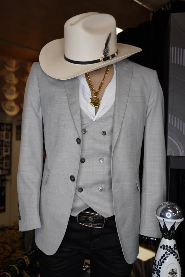 Mens Light Gray Western Suit Blazer with Double-Breasted Vest – Modern Cowboy Formal Outfit