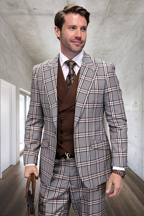 Tan houndstooth plaid suit with peak lapels. Features a brown vested interior, double-breasted design, and matching trousers. Visible buttons and pockets complete the tailored look.
