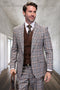 Tan houndstooth plaid suit with peak lapels. Features a brown vested interior, double-breasted design, and matching trousers. Visible buttons and pockets complete the tailored look.
