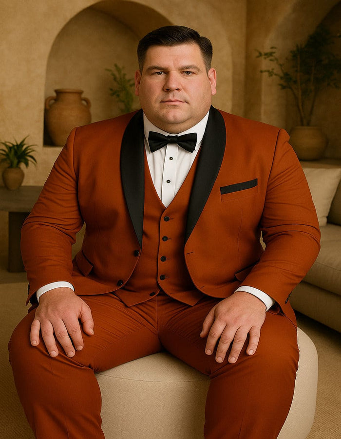 Men's Burnt Orange Tuxedo Suit 3-Piece Slim Fit with Black Satin Shawl Lapel
