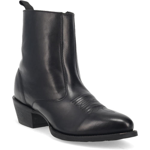 Laredo Fletcher black leather ankle boots with a round toe. Crafted from smooth black leather, they feature decorative stitching and a slight heel. Include a back loop for easy wear.
