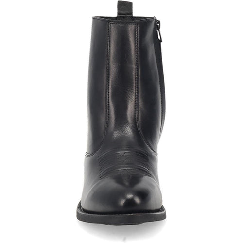 Men's Laredo Fletcher black leather boots with round toe. Tall shaft, glossy black finish, and smooth silhouette. Leather upper with subtle stitching. Side zipper for easy wear, sturdy sole for stability.
