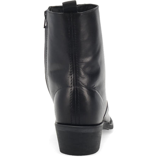Black leather Laredo Fletcher boots. Round toe, sleek silhouette. Smooth black leather upper. Short, block heel. Vertical back seam with pull tab. Stylish and functional.
