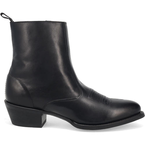 Laredo Fletcher black leather boots. Smooth black leather, round toe, low stacked heel. Pull loop for easy wear. Classic, durable design.
