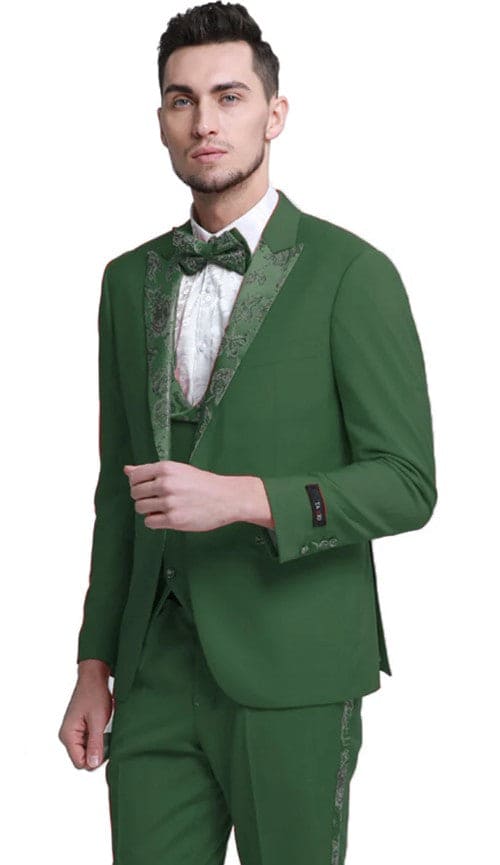 Mens One Button Vested Prom and Wedding Tuxedo Hunter Green with Floral Side Stripe Pants