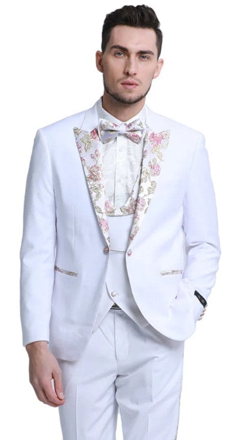 Mens One Button Vested Prom and Wedding Tuxedo in White with Floral Peak Lapel