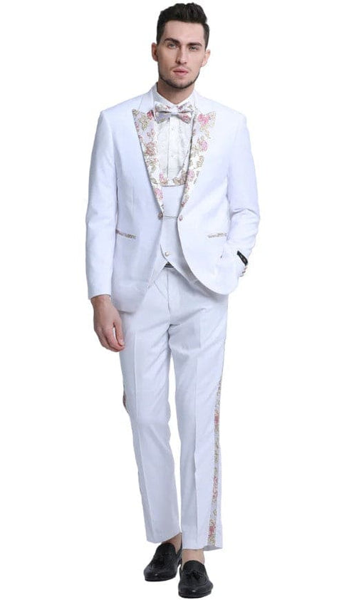 Mens One Button Vested Prom and Wedding Tuxedo in White with Floral Peak Lapel