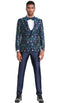 Mens One Button Vested Floral Print Prom and Wedding Tuxedo Navy Blue Satin Vest and Pants