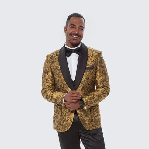 Gold Suit For Prom - Gold Blazer + Matching Pants + Gold Tuxedo with Floral Design Four Piece Set - Wedding - Prom