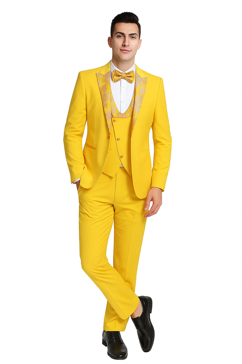 Golden bloom men's 3-piece suit in bright yellow. Features a floral peak lapel, fitted jacket, waistcoat with matching details & buttons, and tailored trousers. Smooth fabric.