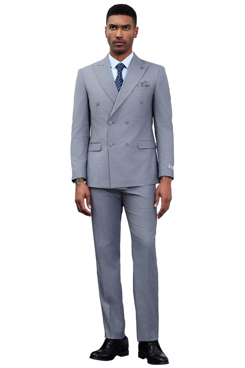 Men's Stacy Adams double-breasted suit in light grey. Tailored shape, two-row button jacket, matching trousers. Smooth material with subtle texture. Pocket square detail.

