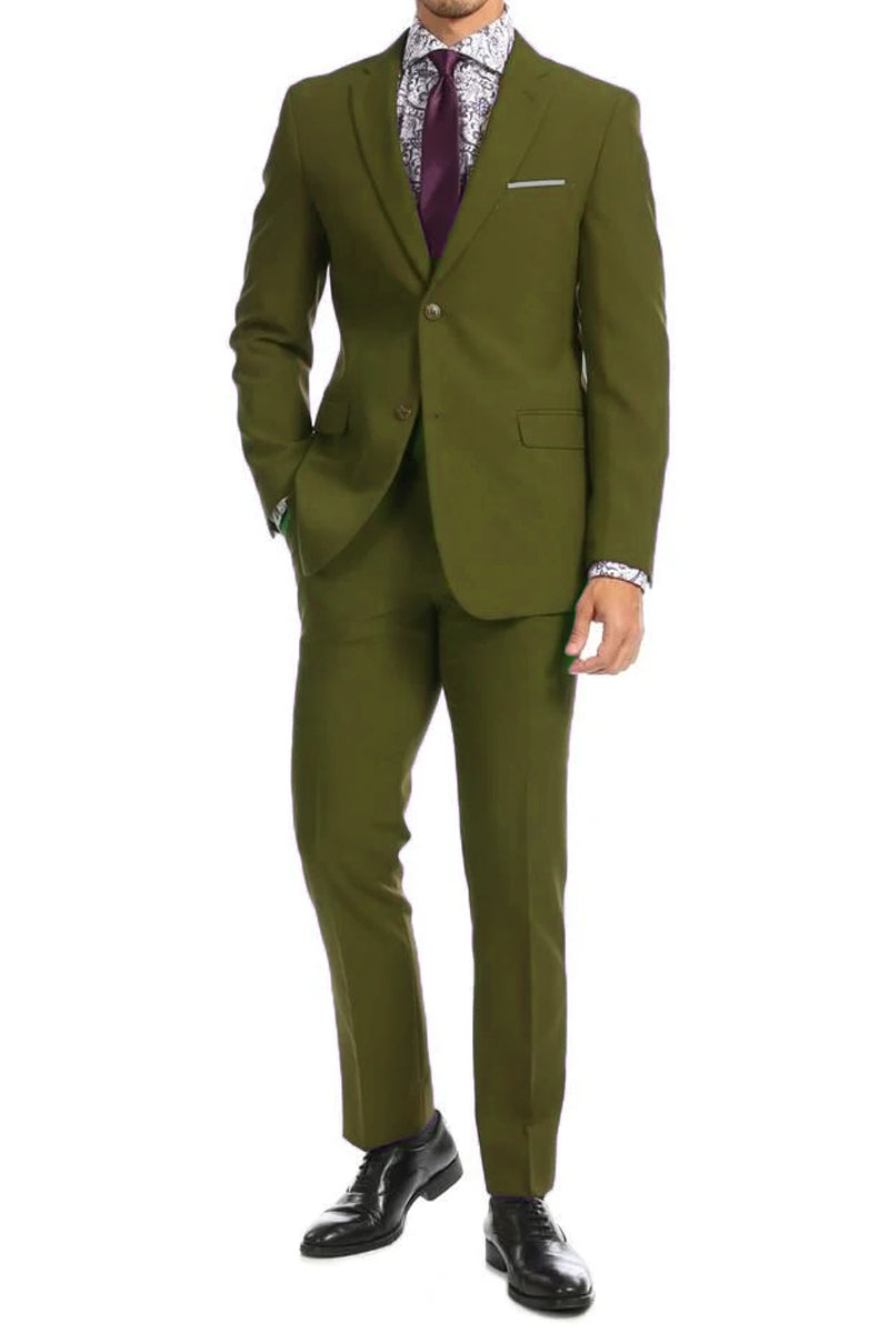 Apollo King Olive Poplin Suit: Modern Fit Two-Button