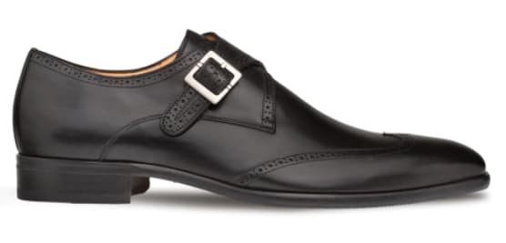 Men's black Forest wingtip oxfords: smooth leather, pointed toe, brogue detailing, side buckle closure, leather sole. Elegant and sophisticated.
