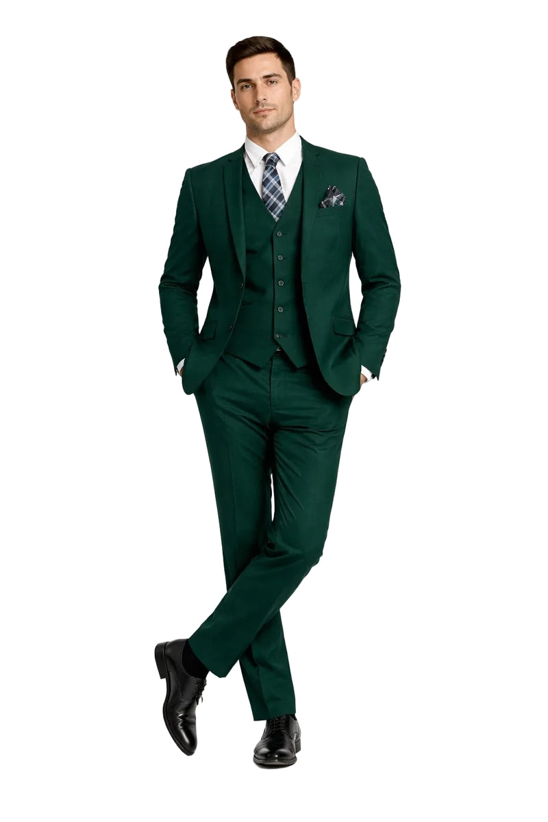 Mens Forest Green 3 Piece 2 Button Slim Fit Suit