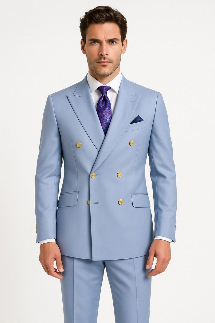 Mens Light Blue Double-Breasted Suit with Gold Buttons â€“ Slim Fit 2-Piece Formal Set in Sky Blue Color