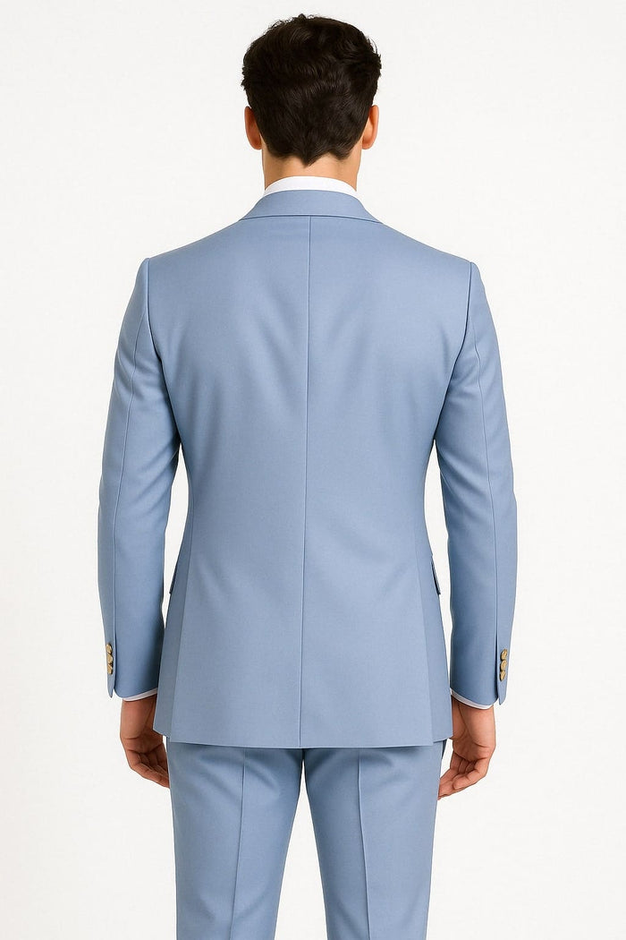 Mens Light Blue Double-Breasted Suit with Gold Buttons â€“ Slim Fit 2-Piece Formal Set in Sky Blue Color