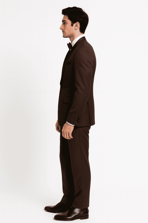 Mens Chocolate Brown Tuxedo with Black Satin Peak Lapel – Formal Wedding and Prom Suit