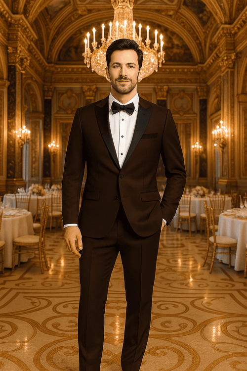 Men's chocolate brown tuxedo with black satin peak lapel and button-down front. Tailored fit with matching trousers. A cohesive and stylish formal look.
