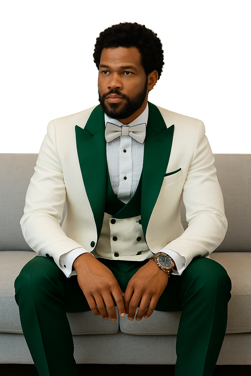 Hilton's paisley tuxedo: White jacket with green shawl lapels, matching vest, and wool pants. Includes a bow tie.
