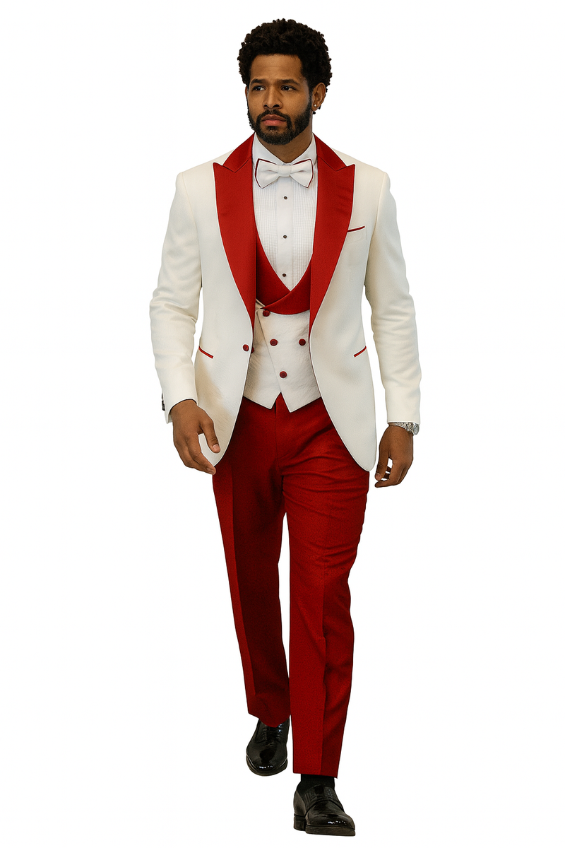 White tuxedo jacket, red paisley, peak lapel. Red shawl vest. Red wool pants. White dress shirt, matching bow tie. Sophisticated, bold formal attire.
