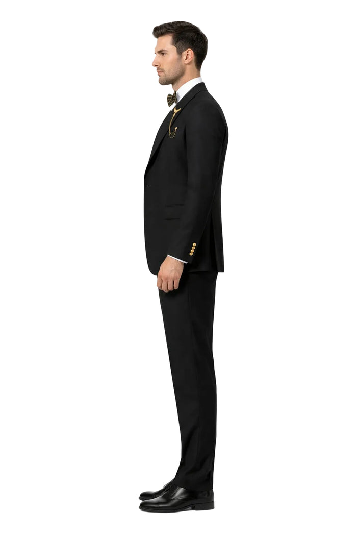 Mens Two Button Peak Lapel Suit Black