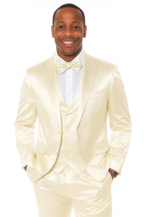 Men's champagne satin tuxedo set: fitted blazer, matching vest, and structured pants. Smooth, shiny texture in uniform champagne color. Ideal for formal events.
