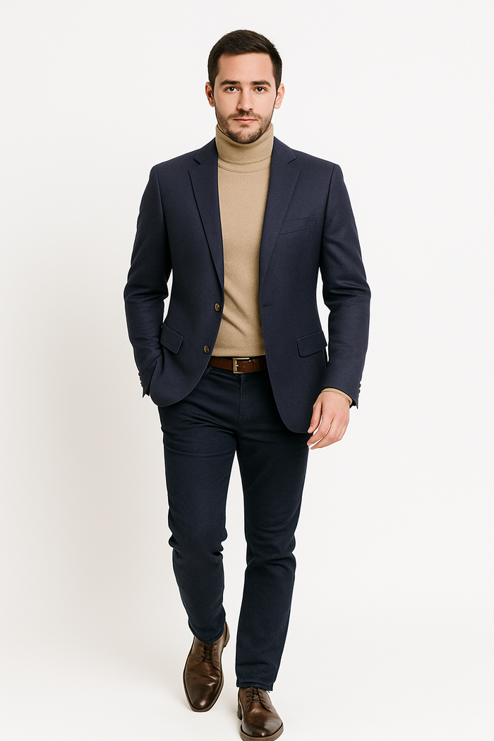Navy cashmere men's jacket with notch lapel. Tailored fit, structured shoulders, smooth texture. Streamlined design for a refined look.
