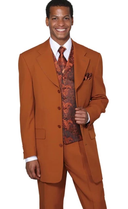 Mens Four Button Long Vested Rust Paisley Vest Fashion Suit