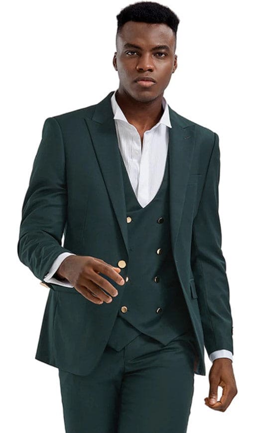 Men's One Button Peak Lapel Vested Suit with Gold Buttons in Four Button Vest Hunter Green