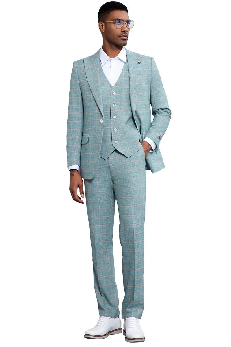 Men's Stacy Adams suit in light turquoise plaid. Peak lapel jacket (3-button) with matching vest. Straight-leg pants. Lightweight fabric.