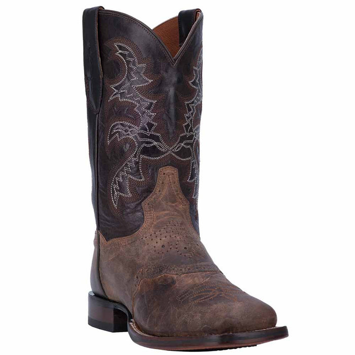 Dan Post Men's Franklin boot: Dark brown leather, broad square toe, contrasting black shaft with embroidery. Chocolate/sand leather combo. Stacked heel.
