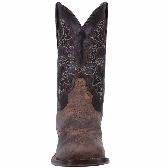 Dan Post Franklin 11" men's boot: dark brown leather shaft with detailed stitching, lighter brown perforated foot. Broad square toe design.