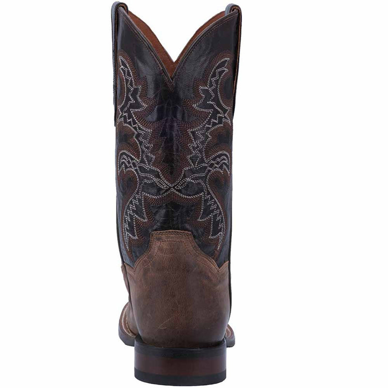 Dan Post Franklin boot: Men's tall, broad square toe boot in sand/chocolate leather. Decorative contrasting stitching on shaft. Solid, slightly elevated heel with a stacked look.
