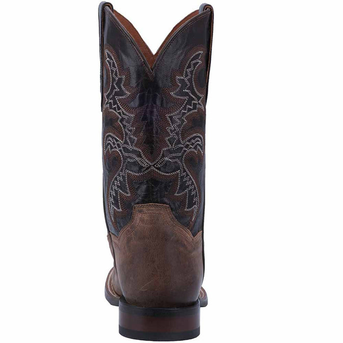 Dan Post Franklin boot: Men's tall, broad square toe boot in sand/chocolate leather. Decorative contrasting stitching on shaft. Solid, slightly elevated heel with a stacked look.
