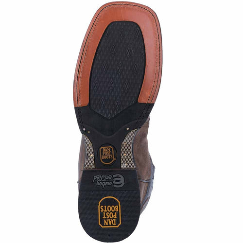 Dan Post Franklin men's boots: Broad square toe, brown/chocolate leather upper, layered outsole. Features black rubber sole with diamond tread for traction and tan leather heel. Decorative stitching.
