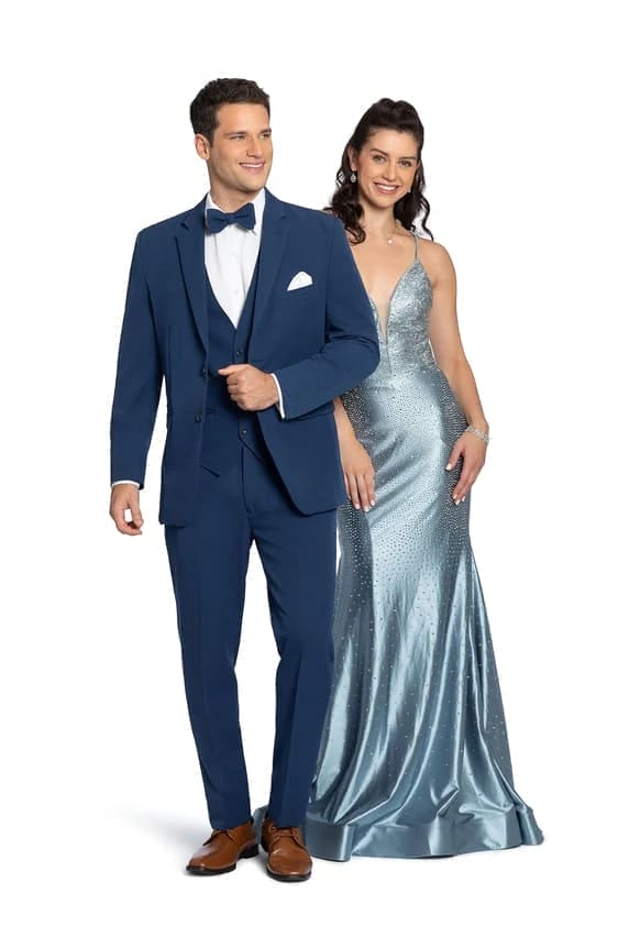 Men’s French Blue Tuxedo Suit with Matching Vest, Bow Tie and Satin Collar