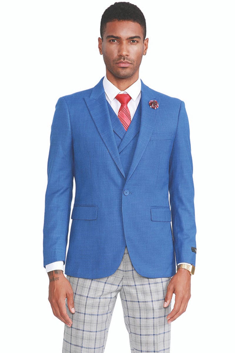 French Blue Men's Peak Lapel Suit with Plaid Pants - One Button Vested