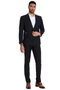Black men's slim-fit suit. French front, peak lapel jacket with waist belt. Slim trousers. Smooth, uniform fabric.
