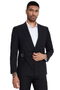 Black slim-fit suit with French front peak lapel. Single-button closure, fitted silhouette. Sharp, pointed lapels and smooth fabric. Includes belt strap detail for a modern, tailored aesthetic.
