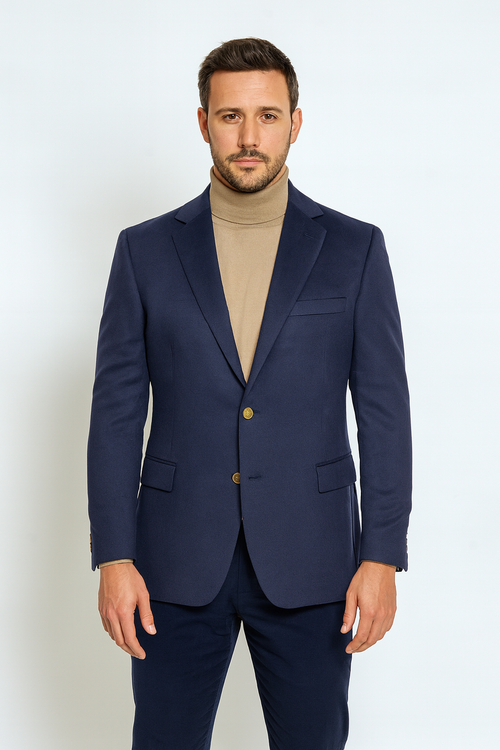 Men's navy cashmere jacket with notch lapel. Two buttons, front pockets, chest pocket. Tailored fit, smooth exterior.
