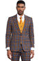 Grey & gold plaid Stacy Adams men's suit. Bold windowpane pattern with a fitted jacket, matching trousers, and an orange-hued vest. Notched lapel, two front pockets.
