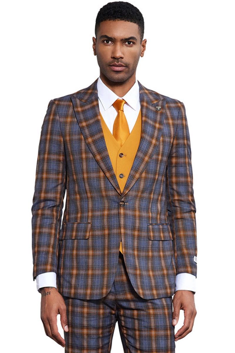 Grey & gold plaid Stacy Adams men's suit. Bold windowpane pattern with a fitted jacket, matching trousers, and an orange-hued vest. Notched lapel, two front pockets.
