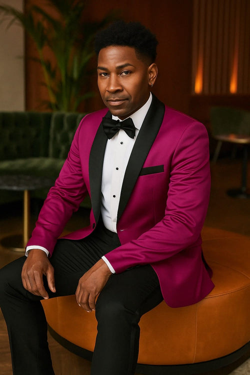 Mens Fuchsia Pink Satin Tuxedo Jacket with Black Peak Lapel â€“ Bold Slim Fit Formal Suit