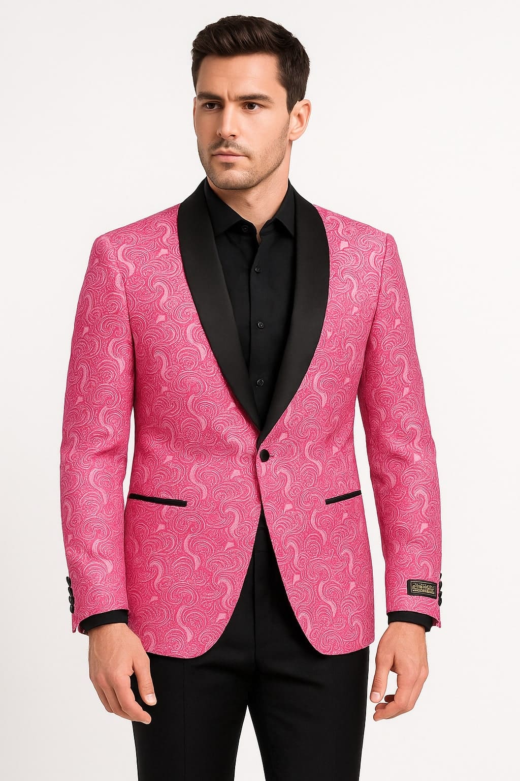 Men’s Hot Pink Tuxedo Suit With Black Pants Paisley Patter with Black Shawl Lapel - Fuchsia Color Prom Suit