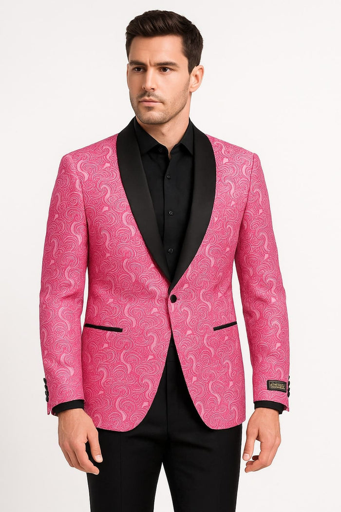 Mens Hot Pink Paisley Tuxedo Blazer with Black Shawl Lapel Fuchsia Color Dinner Jacket Perfect for Prom