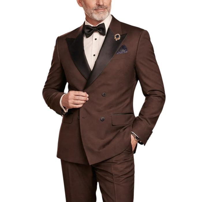 Mens Regular Fit Double Breasted Tuxedo with Satin Lapel and Bow Tie - Brown