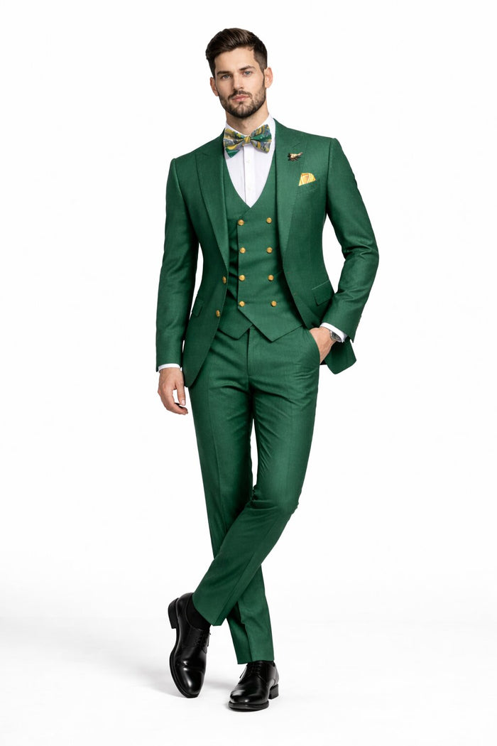 SKU#JA61583 Emerald Green and Gold Tuxedo Suit