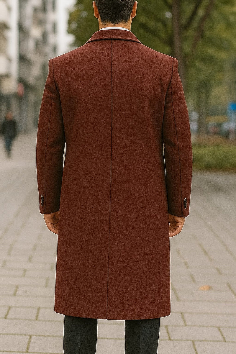 Men's Dress Coat Full Length Wool Dress Top Coat / Overcoat in Burgundy Overcoat