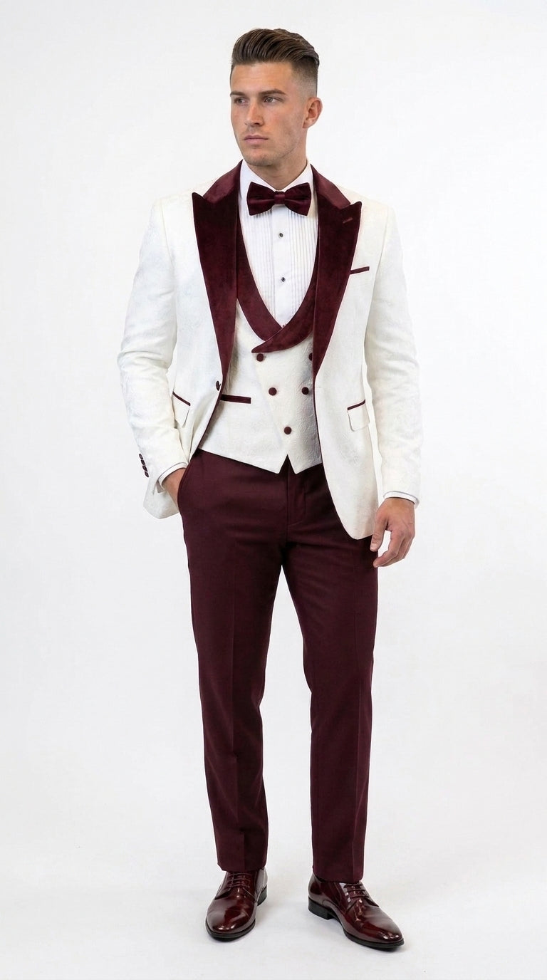 Men’s White and Burgundy Vested Tuxedo Suit, Formal Wedding Groom Prom Dinner Suit